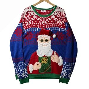 Holiday‎ Time Ugly Christmas Sweater Santa Claus Sunglasses Thumbs Up 2XL
